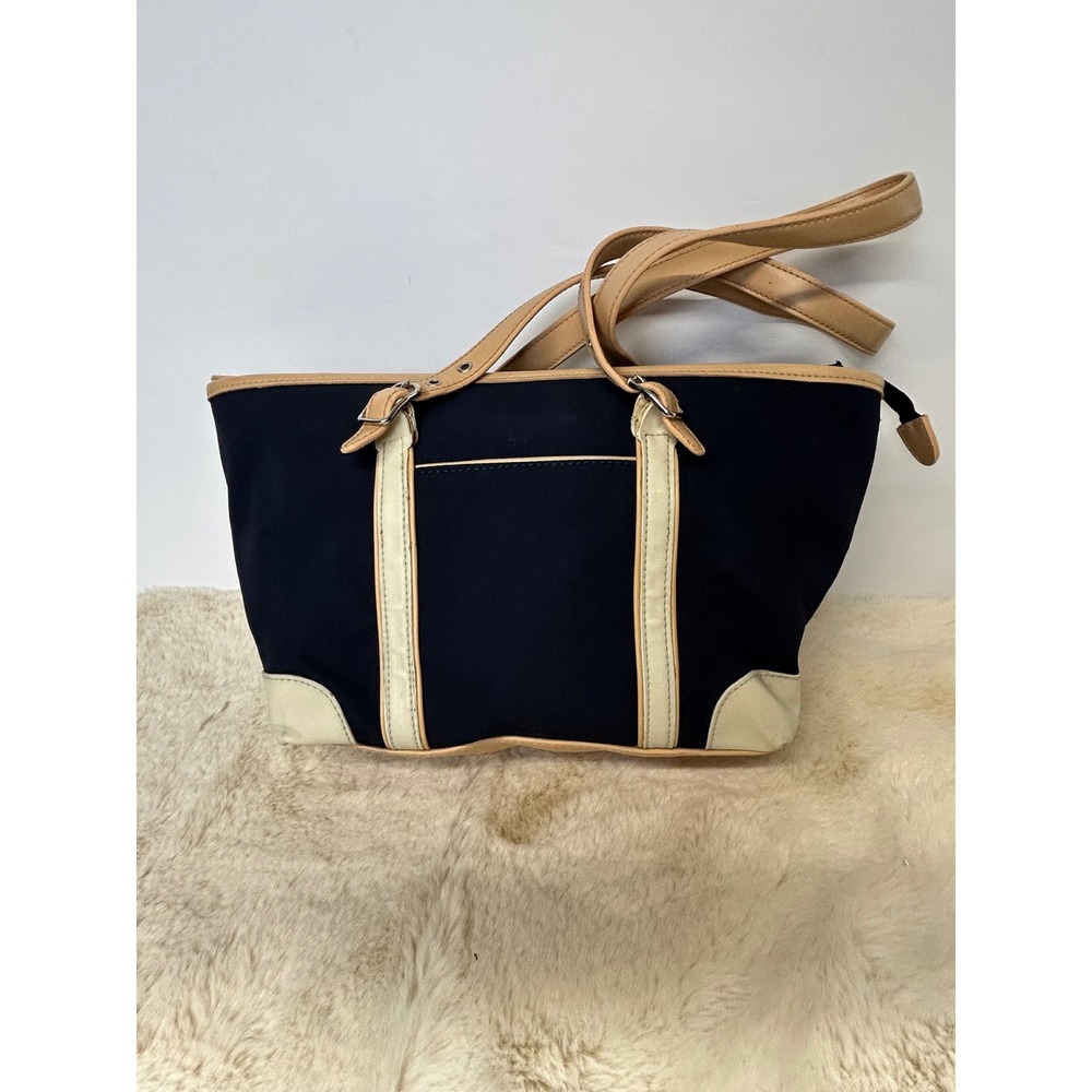 St John's Bay Navy Blue Canvas Tote Bag Tan Trim Buckle Straps RN 93677